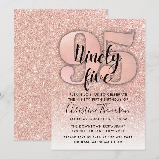 Roos Gold Glitter 95th Birthday Invitation Kaart (Voorkant / Achterkant)