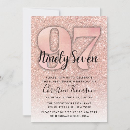 Roos Gold Glitter 97th Birthday Invitation Kaart (Voorkant)
