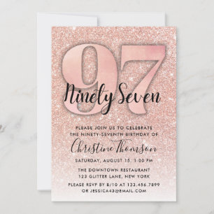 Roos Gold Glitter 97th Birthday Invitation Kaart