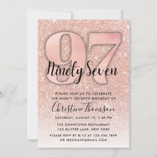 Roos Gold Glitter 97th Birthday Invitation Kaart