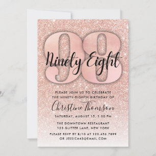 Roos Gold Glitter 98th Birthday Invitation Kaart