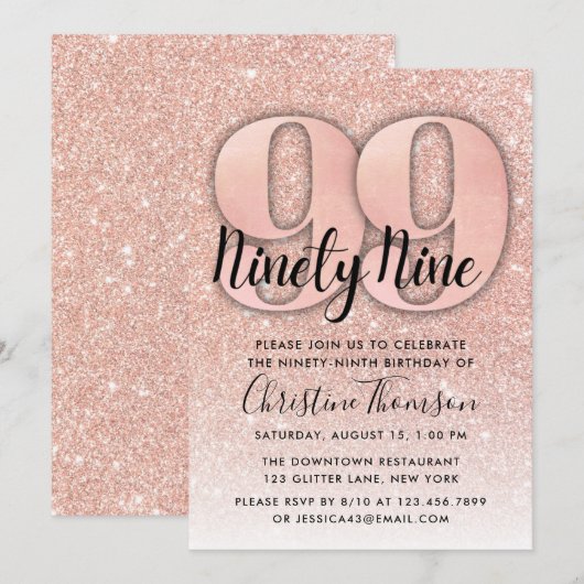 Roos Gold Glitter 99th Birthday Invitation Kaart (Voorkant / Achterkant)