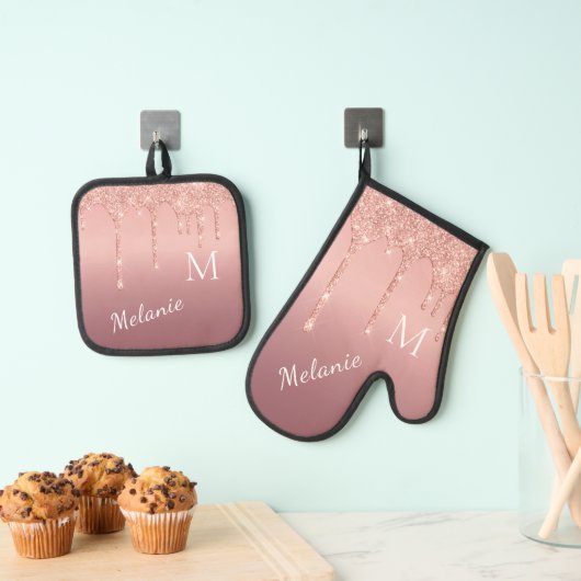 Roos Gold Glitter aangepaste naamletter gepersonal Ovenwant & Pannenlap Set (Insitu(Ophanging))