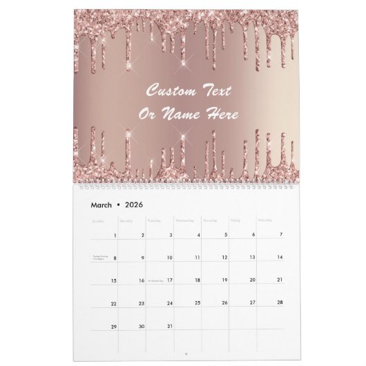 Roos Gold Glitter Aangepaste tekst Naam Kalender C (Mar 2026)