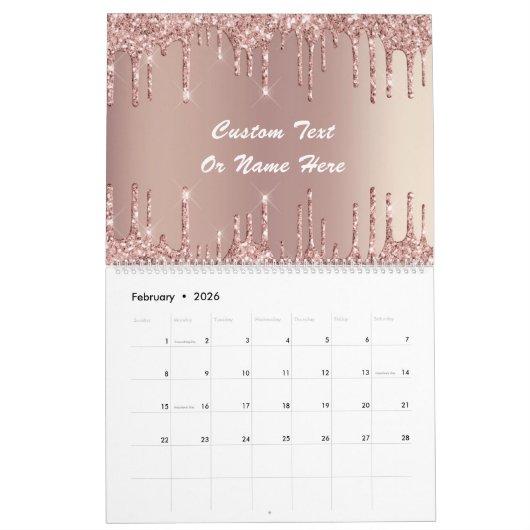 Roos Gold Glitter Aangepaste tekst Naam Kalender C (Feb 2026)