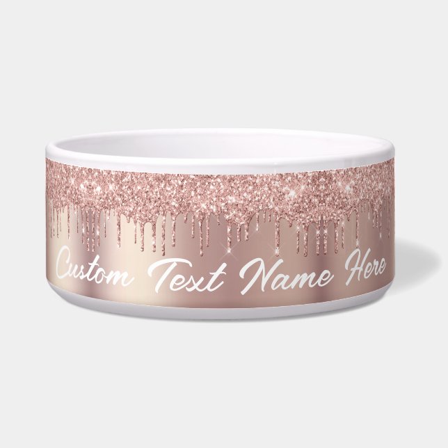 Roos Gold Glitter Aangepaste Tekst Naam Pet Bowl Voerbakje (Voorkant)