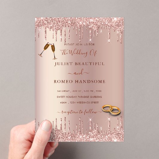 Roos Gold Glitter Acryl Huwelijksuitnodiging Uitnodigingen (Insitu (Draagbaar))