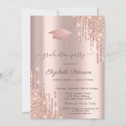 Roos Gold Glitter Afstudeerder Pet Drips Kaart (Voorkant)