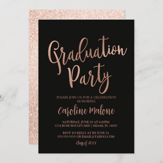 Roos Gold Glitter Afstuderen Invitation Kaart (Voorkant / Achterkant)