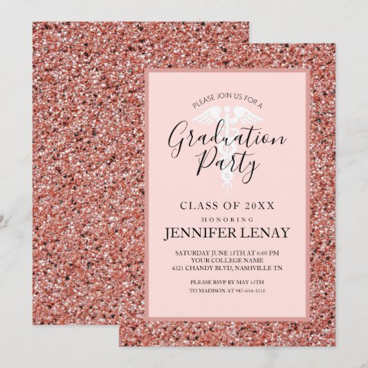 Roos Gold Glitter Afstuderen verpleegschool Kaart (Voorkant / Achterkant)