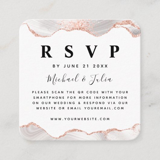 Roos Gold Glitter Agate Glam QR Code Weddenschap R Informatiekaartje (Voorkant)