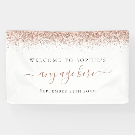 Roos Gold Glitter Any Age Birthday Name Welkom Spandoek (Horizontaal)