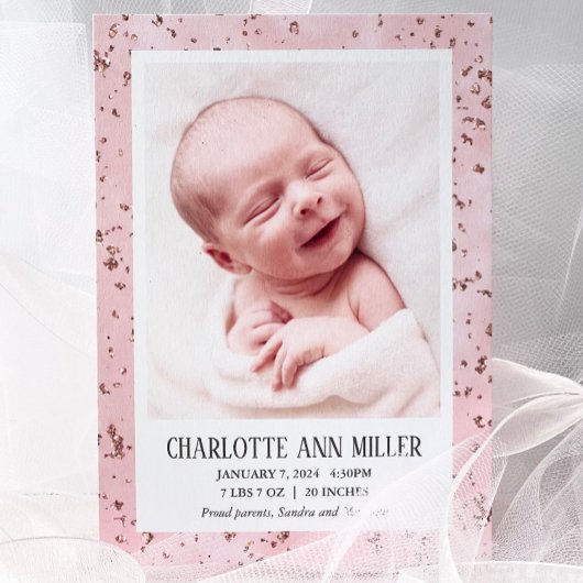 Roos Gold Glitter Baby Geboorte Aankondiging Kaart