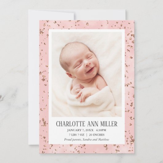 Roos Gold Glitter Baby Geboorte Aankondiging Kaart (Voorkant)