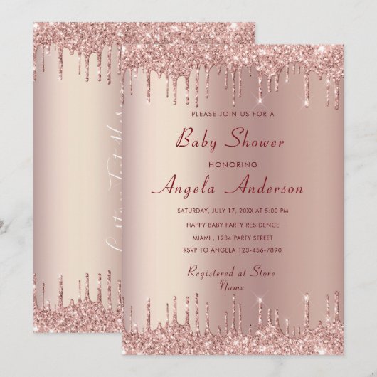 Roos Gold Glitter Baby shower Invitation (Voorkant / Achterkant)