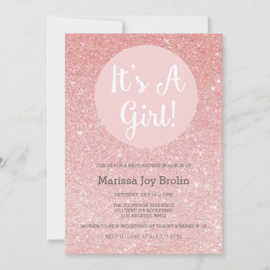Roos Gold Glitter Baby shower Invitation Kaart (Voorkant)