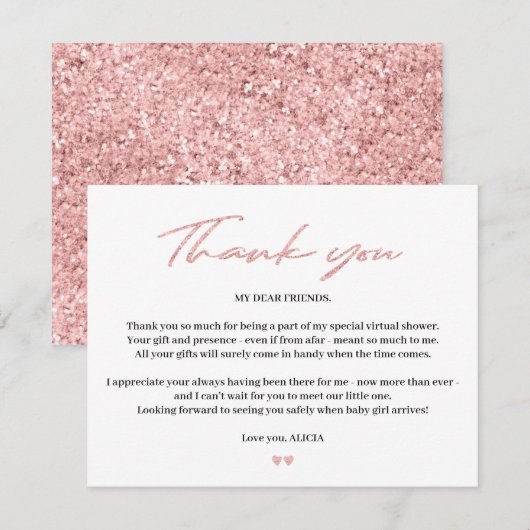 Roos Gold Glitter baby Virtual Shower Dank u Bedankkaart (Voorkant / Achterkant)