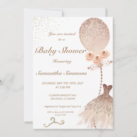 Roos Gold Glitter Ballon Dress Baby shower Kaart (Voorkant)