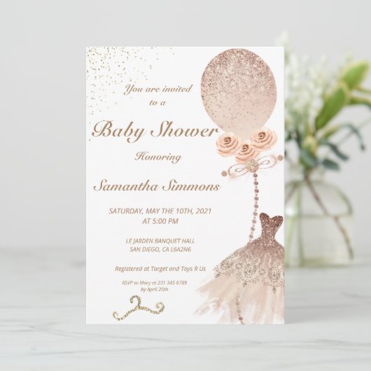 Roos Gold Glitter Ballon Dress Baby shower Kaart (Staand voorkant)
