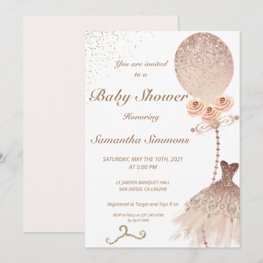 Roos Gold Glitter Ballon Dress Baby shower Kaart (Voorkant / Achterkant)