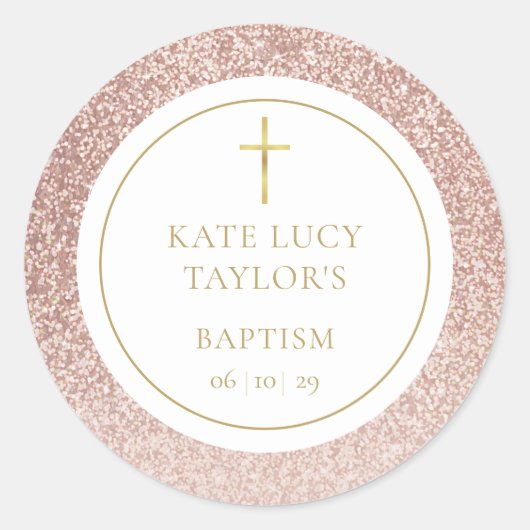 Roos Gold Glitter Baptism Christening Ronde Sticker (Voorkant)