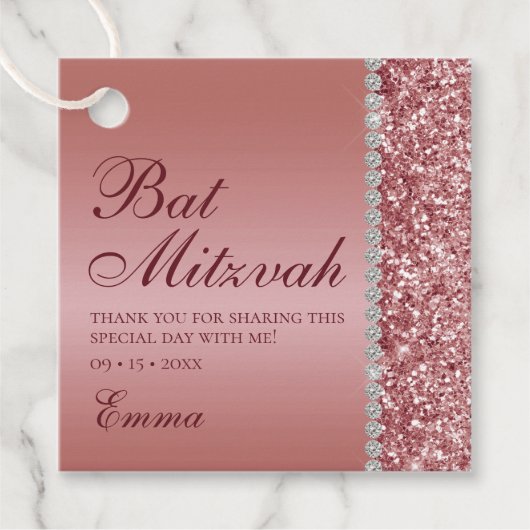Roos Gold Glitter Bat Mitzvah Bedankjes Labels (Voorkant)