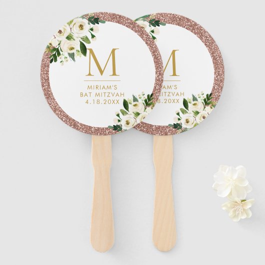 Roos Gold Glitter Bat Mitzvah Fan Handwaaier (Voorkant en achterkant)