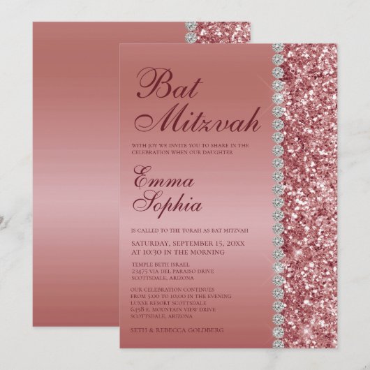 Roos Gold Glitter Bat Mitzvah Kaart (Voorkant / Achterkant)