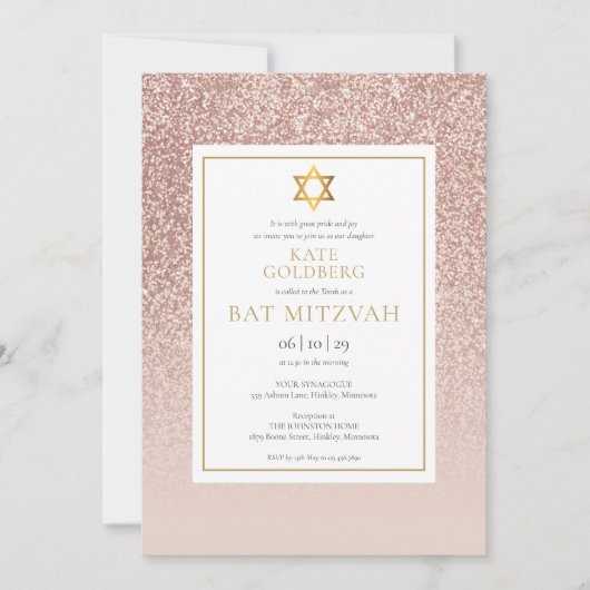 Roos Gold Glitter Bat Mitzvah Kaart (Voorkant)