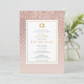 Roos Gold Glitter Bat Mitzvah Kaart (Staand voorkant)