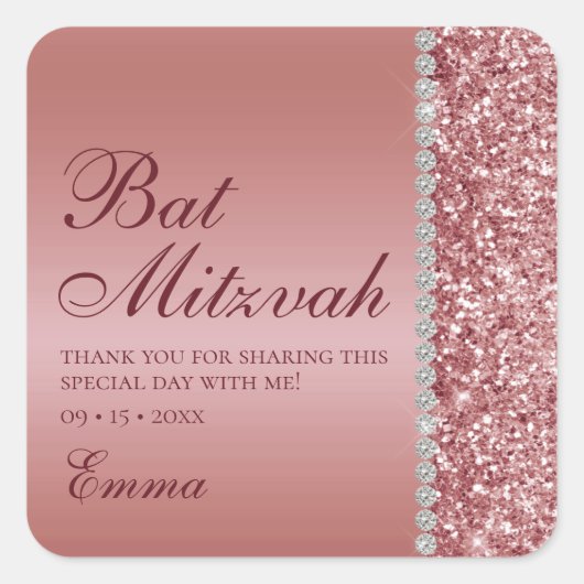 Roos Gold Glitter Bat Mitzvah Vierkante Sticker (Voorkant)