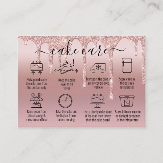 Roos Gold Glitter Bedankt Cake Care Instructions Visitekaartje (Voorkant)