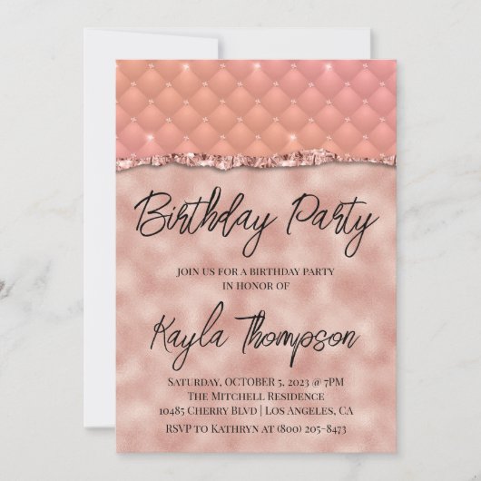 Roos Gold Glitter Birthday Party Invitation Kaart (Voorkant)