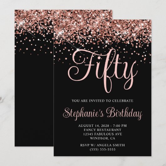 Roos Gold Glitter Black 50th Birthday Kaart (Voorkant / Achterkant)