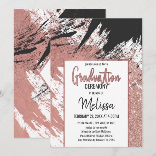 Roos Gold Glitter Black Afstuderen penseelstreek Kaart (Voorkant / Achterkant)