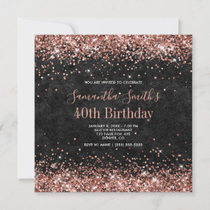 Roos Gold Glitter Black Leather 40th Birthday Kaart