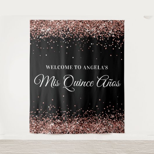 Roos Gold Glitter Black Mis Quince Años Welkom Wandkleed (Voorkant)