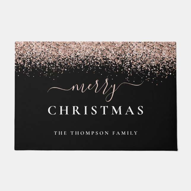 Roos Gold Glitter Black Naam Merry kerst Deurmat (Voorkant)