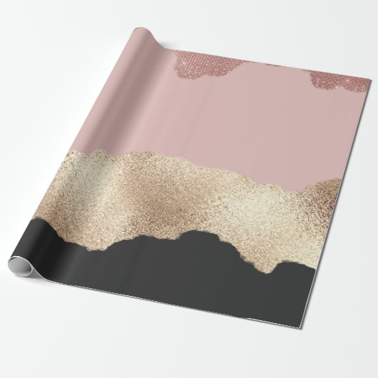 Roos Gold Glitter Black Pink Abstract Girly Art Cadeaupapier (Uitgerold)