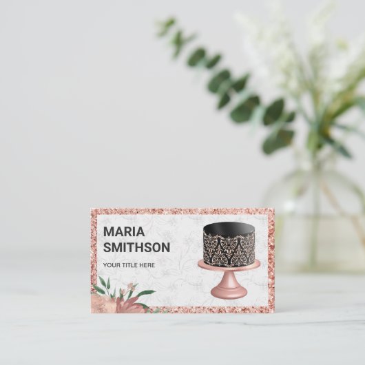 Roos Gold Glitter Black Roze Damaskachel Visitekaartje (Staand voorkant)