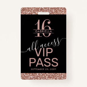 Roos Gold Glitter Black Sweet 16 Uitnodiging VIP Badge