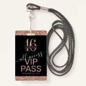 Roos Gold Glitter Black Sweet 16 Uitnodiging VIP Badge (Voorkant met draagriem)
