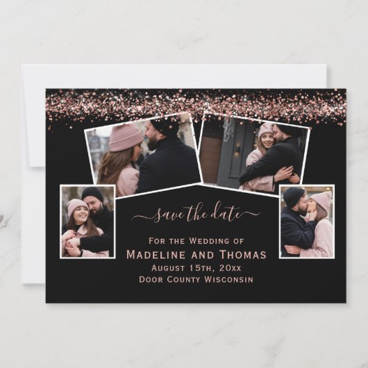 Roos Gold Glitter Black Vier foto's Save The Date (Voorkant)
