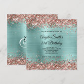 Roos Gold Glitter Bleek Turquoise Monogram Kaart (Voorkant / Achterkant)