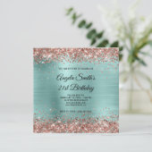 Roos Gold Glitter Bleek Turquoise Monogram Kaart (Staand voorkant)