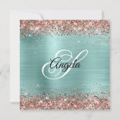 Roos Gold Glitter Bleek Turquoise Monogram Kaart (Achterkant)
