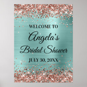 Roos Gold Glitter Bleek Turquoise Vrijgezellenfees Poster