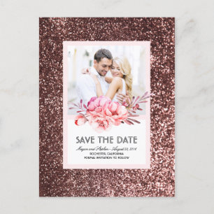 Roos Gold Glitter Bloemen Blush Foto Sla de datum Aankondigingskaart