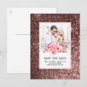 Roos Gold Glitter Bloemen Blush Foto Sla de datum Aankondigingskaart (Voorkant / Achterkant)