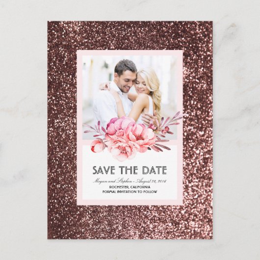 Roos Gold Glitter Bloemen Blush Foto Sla de datum Aankondigingskaart (Voorkant)